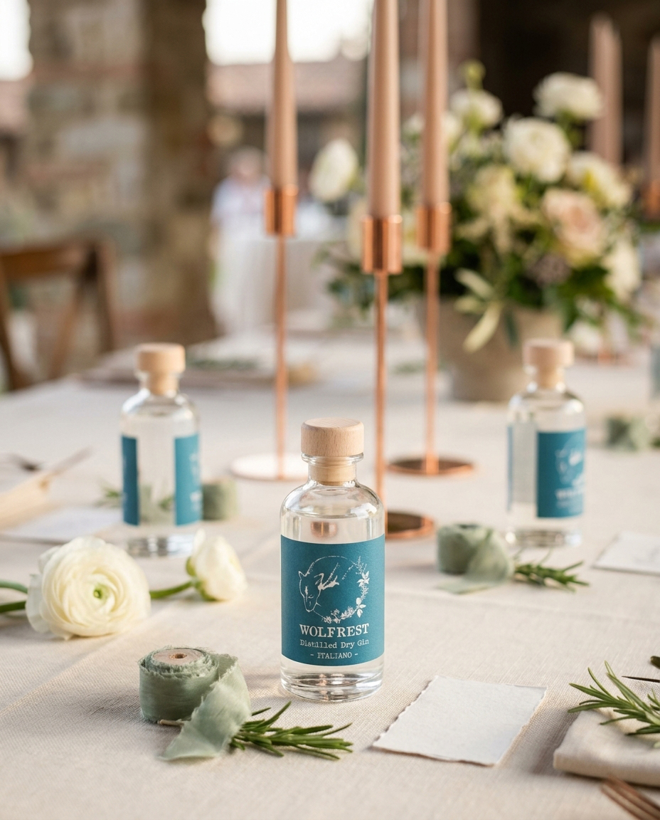 Bomboniere con gin Wolfrest Italiano 100 ml su una tavola di matrimonio
